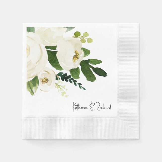Elegant White Rose Personalised Wedding Cocktail Napkin (Front)