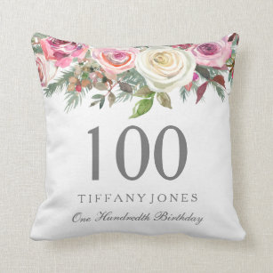 Elegant White Rose Pink Floral 100th Birthday Cushion