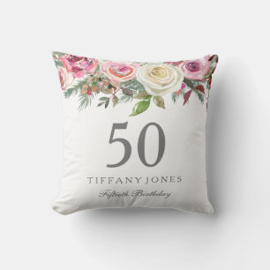 Elegant White Rose Pink Floral 50th Birthday Cushion