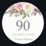 Elegant White Rose Pink Floral 90th Birthday Party Classic Round Sticker<br><div class="desc">Elegant White Rose Pink Floral 90th Birthday Party favour seal Sticker

See Niche and Nest store for matching collection</div>