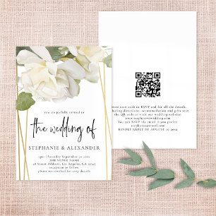 Elegant White Rose QR Code Wedding Invitation