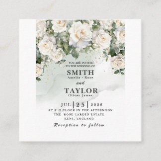Elegant White Rose Sage Green Wedding Invitation