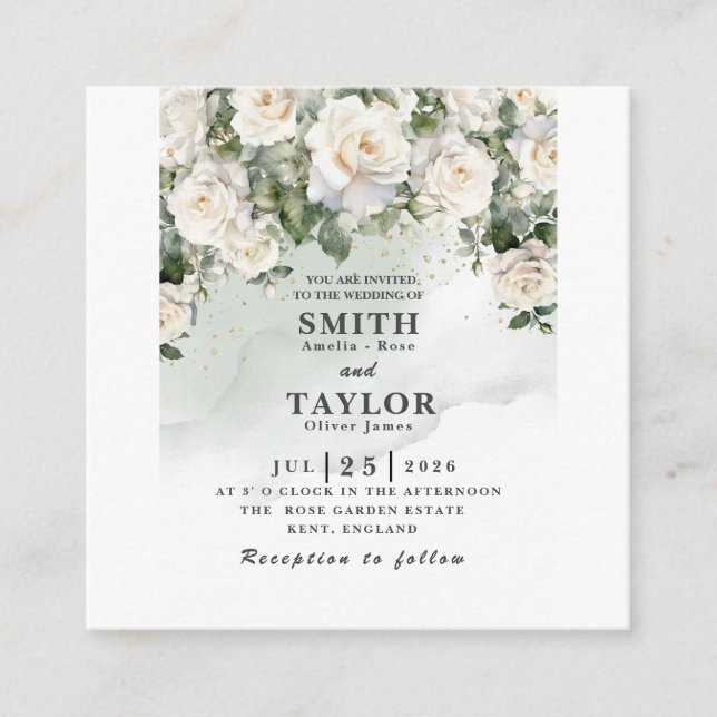 Elegant White Rose  Sage Green Wedding Invitation  (Front)