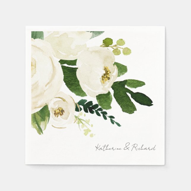 Elegant White Rose Script Personalised Cocktail  Napkin (Front)