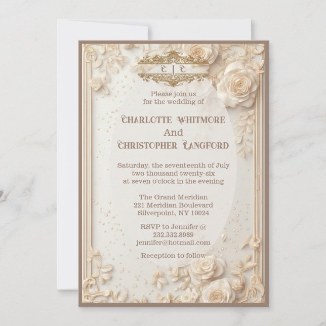 Elegant White Rose Soft Ivory Floral Decor Wedding Invitation (Front)