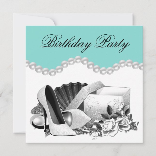 Elegant White Rose Teal Blue Birthday Party Invitation (Front)