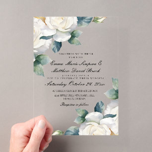 Elegant White Rose Watercolor Floral Wedding Acrylic Invitations