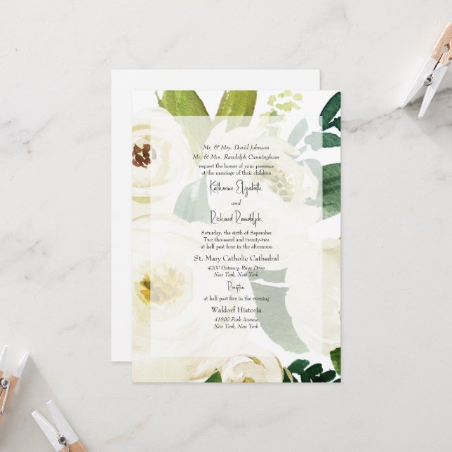Elegant White Rose Watercolor Wedding IIInvitation Invitation (Front/Back In Situ)