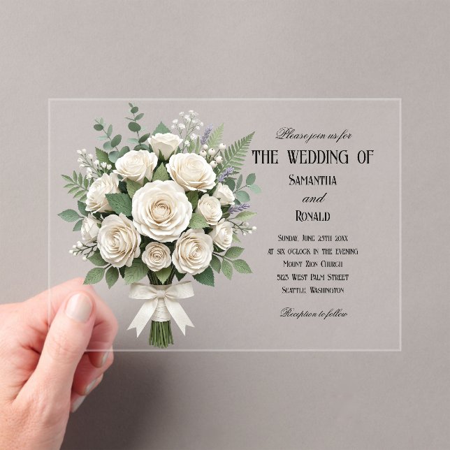Elegant White Roses Acrylic Wedding Invitations (Insitu (Handheld))