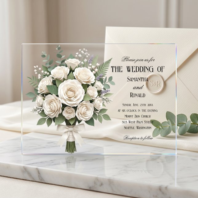 Elegant White Roses Acrylic Wedding Invitations (Creator Uploaded)