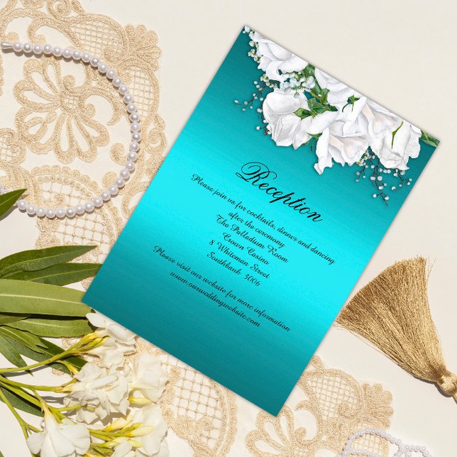 Elegant White Roses and Aqua Wedding Reception Enclosure Card (Creator Uploaded)