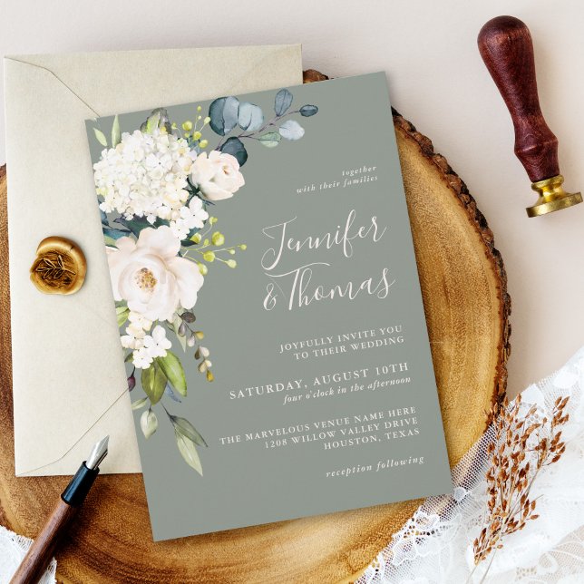 Elegant White Roses and Hydrangeas Floral Wedding Invitation (Creator Uploaded)