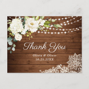 Elegant White Roses and Lace Rustic Wood Thank You Postcard
