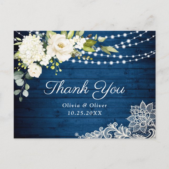 Elegant White Roses and Lace Rustic Wood Thank You Postcard (Front)