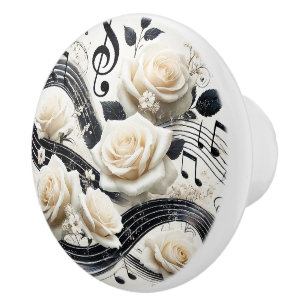 Elegant White Roses and Musical Notes Accent Ceramic Knob