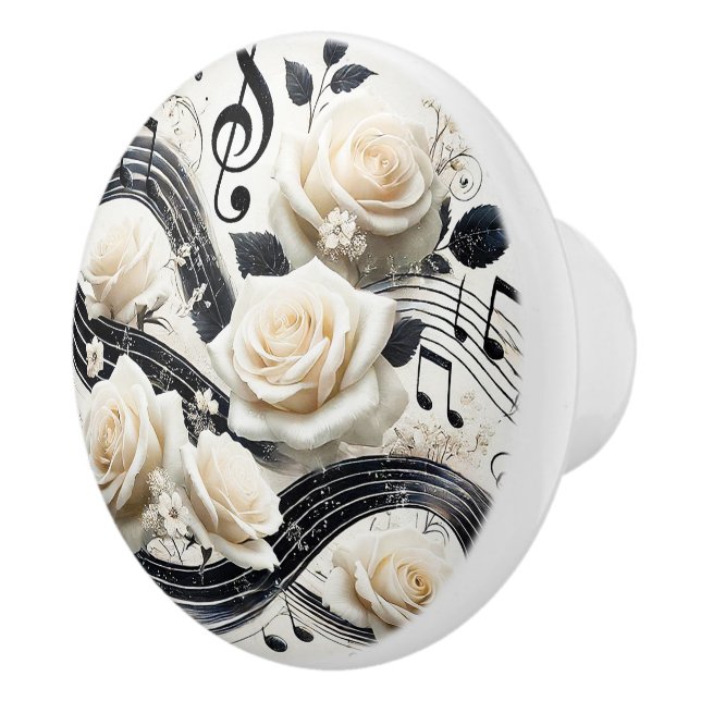 Elegant White Roses and Musical Notes Accent Ceramic Knob (Right)