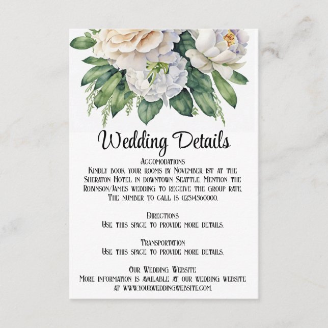 Elegant White Roses and Peonies Wedding Enclosure Card (Front)