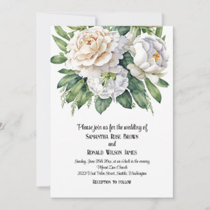 Elegant White Roses and Peonies Wedding Invitation