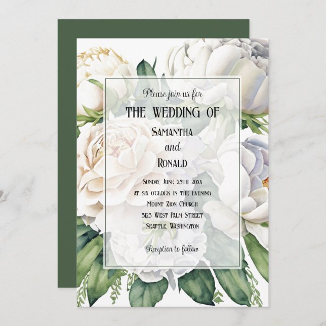 Elegant White Roses and Peonies Wedding Invitation (Front/Back)