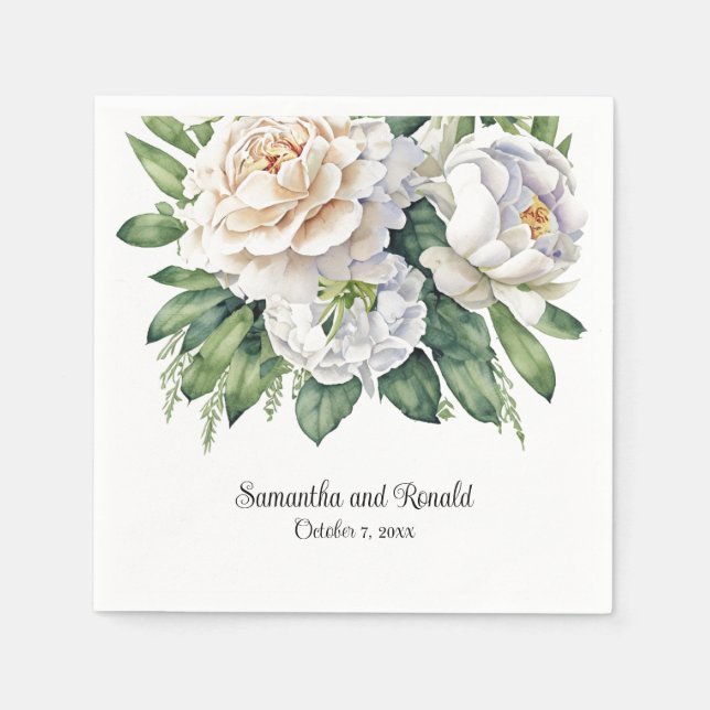 Elegant White Roses and Peonies Wedding Napkin (Front)
