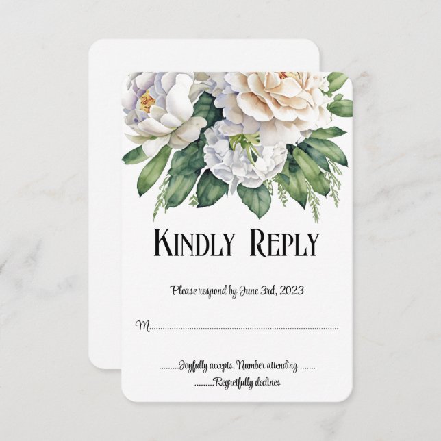 Elegant White Roses and Peonies Wedding RSVP (Front/Back)