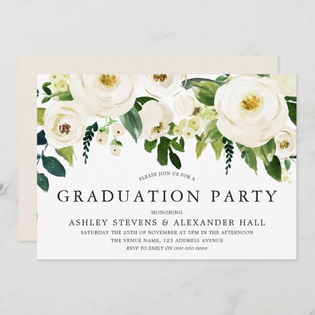 Elegant White Roses Beautiful Graduation Party Invitation (Front/Back)