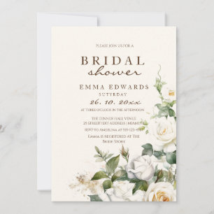 Elegant White Roses Beige Floral Bridal Shower  Invitation