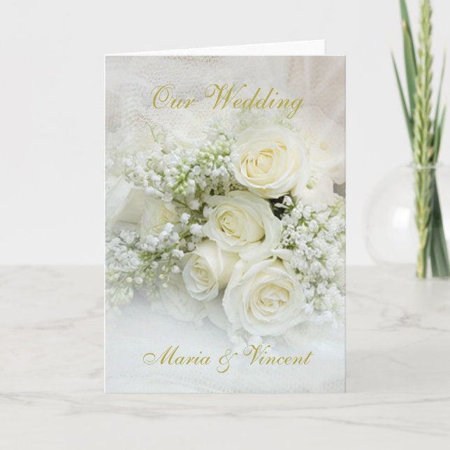 Elegant white roses bouquet Wedding Card (Front)