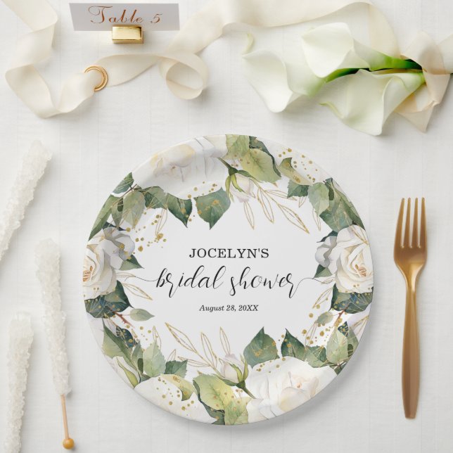 Elegant White Roses Bridal Shower Square Paper Plate (Wedding)