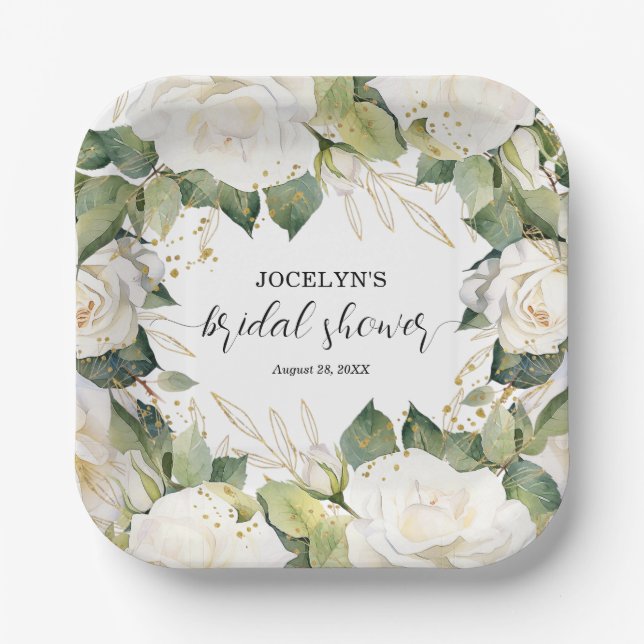 Elegant White Roses Bridal Shower Square Paper Plate (Front)