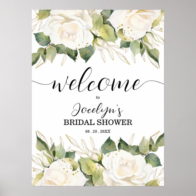 Elegant White Roses Bridal Shower Welcome Poster (Front)