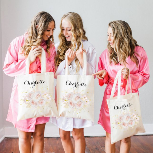 Elegant White Roses Bridesmaid Name Tote Bag (Creator Uploaded)