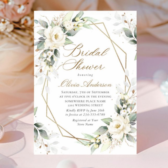 Elegant White Roses Eucalyptus Bridal Shower Invitation (Creator Uploaded)