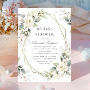 Elegant White Roses Eucalyptus Bridal Shower Invitation