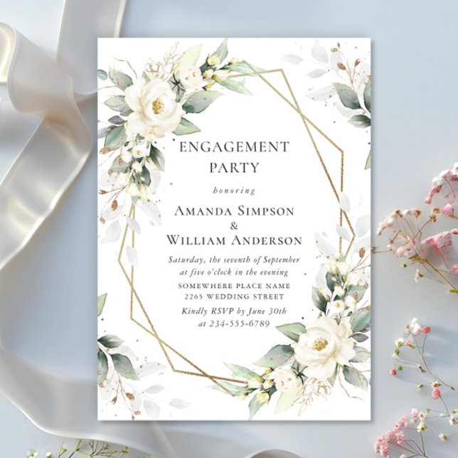 Elegant White Roses Eucalyptus ENGAGEMENT PARTY Invitation (Creator Uploaded)