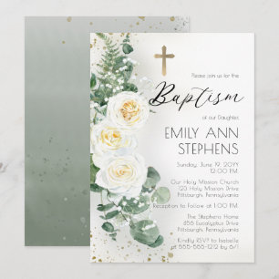 Elegant White Roses Eucalyptus Floral Girl Baptism Invitation