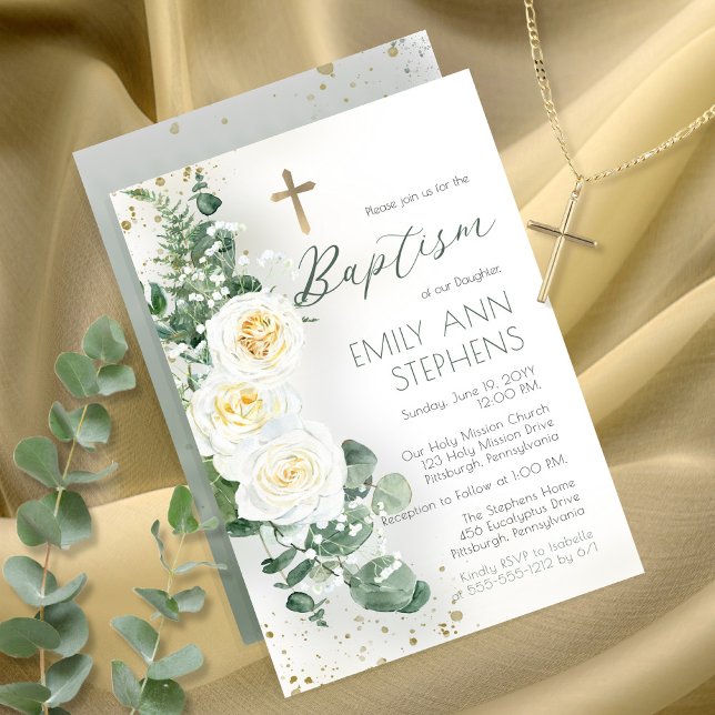 Elegant White Roses Eucalyptus Floral Girl Baptism Invitation (Creator Uploaded)