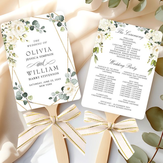 Elegant White  Roses Eucalyptus Wedding Program Hand Fan (Creator Uploaded)