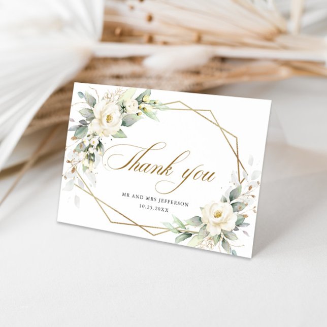 Elegant White Roses Eucalyptus Wedding Thank You Card (Creator Uploaded)