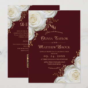 Elegant White Roses Floral Burgundy Wedding Invitation
