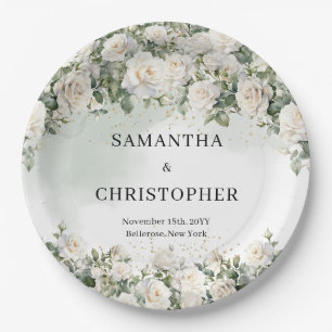 Elegant White Roses Floral Garden greenery wedding Paper Plate
