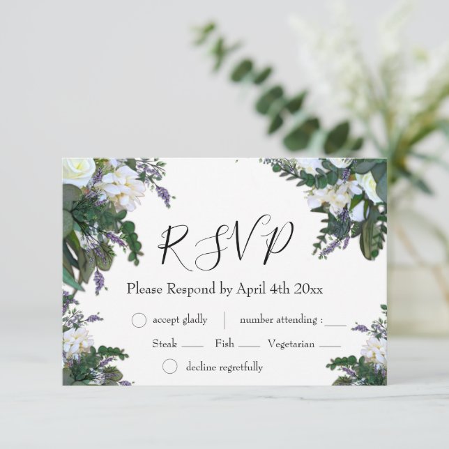 Elegant white roses floral lavender greenery RSVP  (Standing Front)