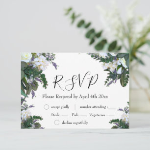Elegant white roses floral lavender greenery RSVP  Card