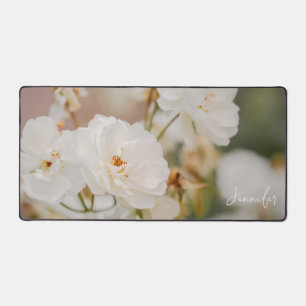 Elegant White Roses Flower Photo With Custom Name Desk Mat