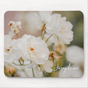 Elegant White Roses Flower Photo With Custom Name Mouse Pad
