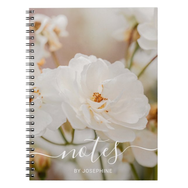 Elegant White Roses Flower Photo With Custom Name Notebook (Front)