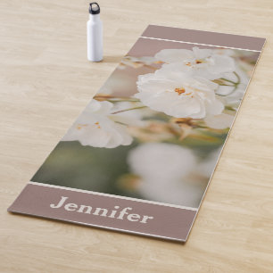 Elegant White Roses Flower Photo With Custom Name Yoga Mat