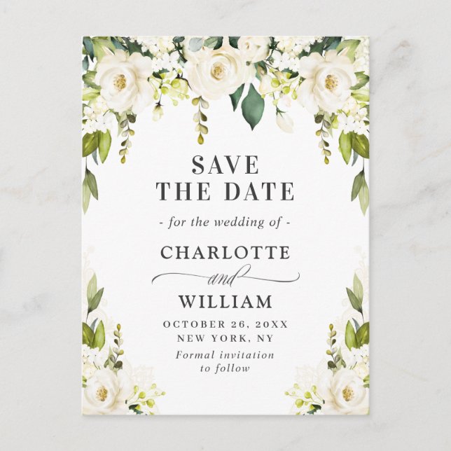 Elegant White Roses Flowers Wedding Save the Date Announcement Postcard (Front)