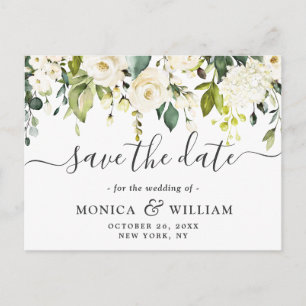 Elegant White Roses Flowers Wedding Save the Date Postcard