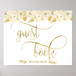 Elegant white roses gold calligraphy guest book